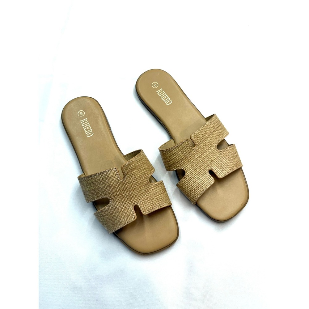 RIHERO Women's 8 Tan Woven Faux Leather Strap Square Toe Slip On Sandals Box #79